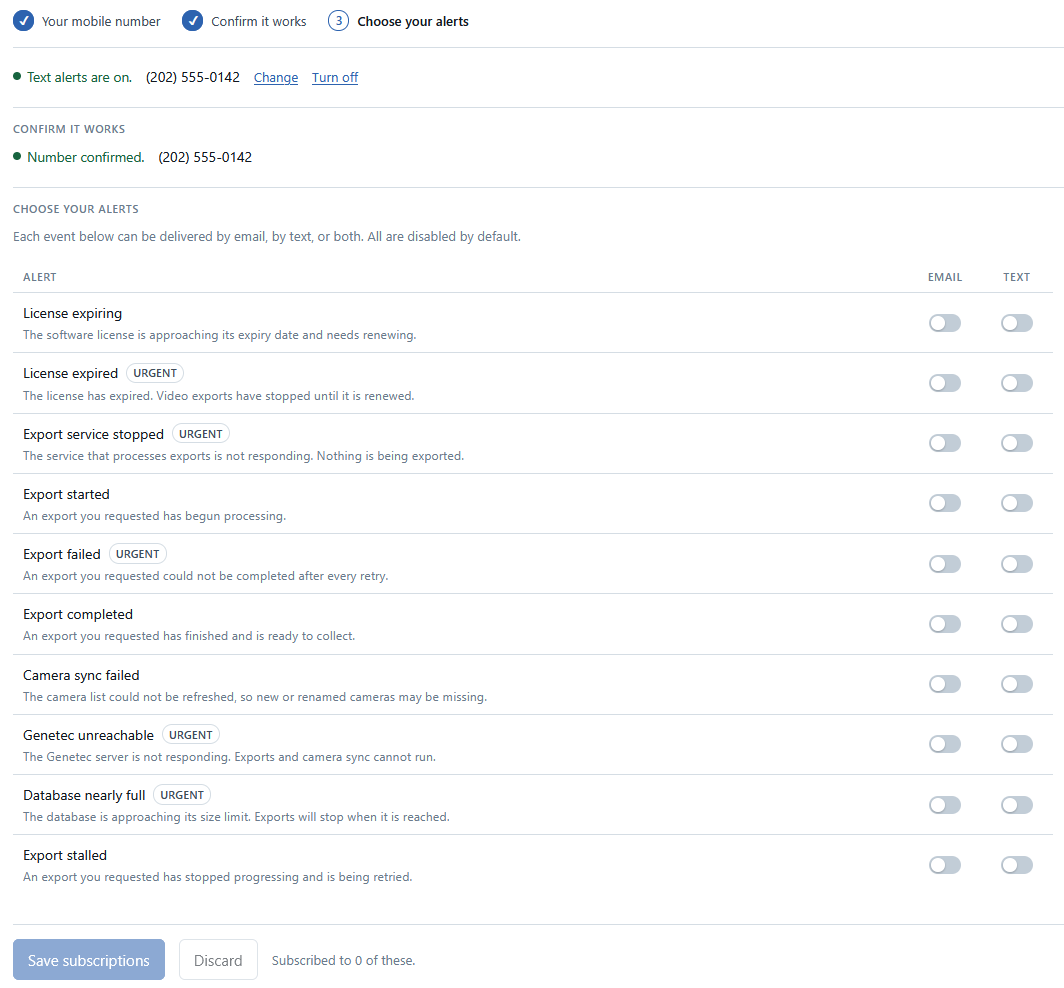 The Choose your alerts table, listing each alert type with Email and Text toggle columns, all switched off by default.